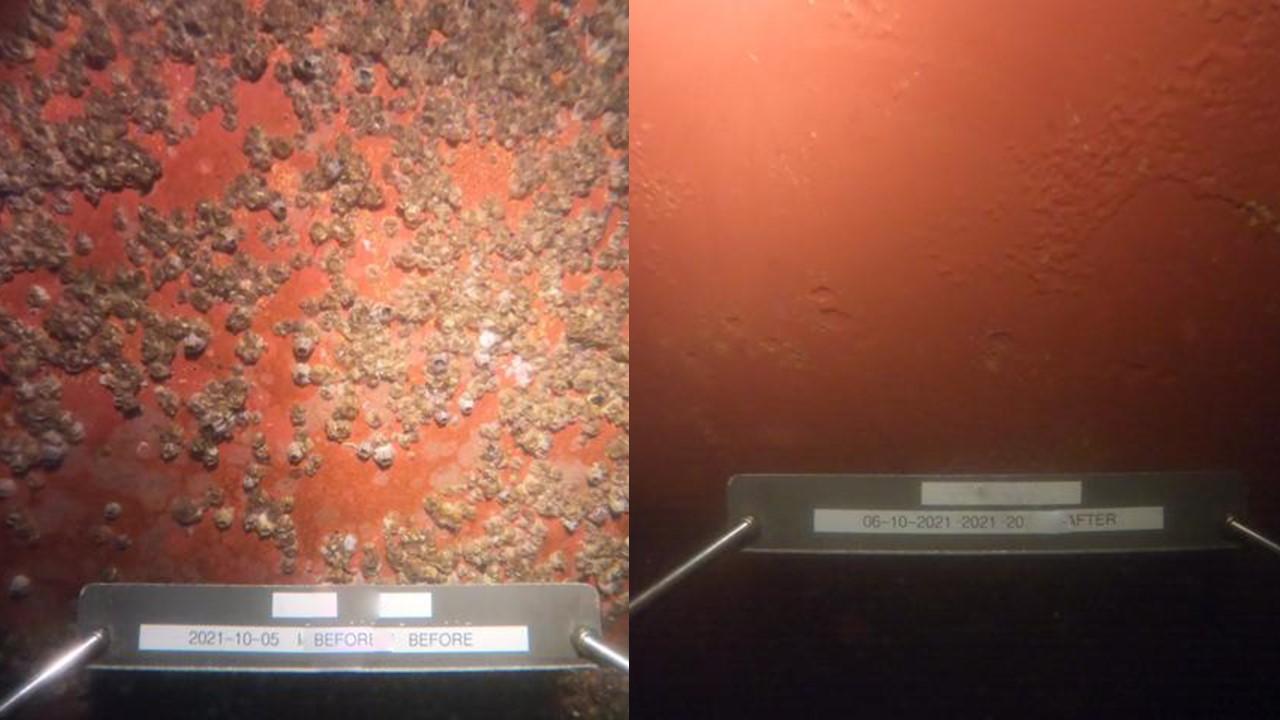 Before and after hull clean comparison showing heavy fouling removed to bare coating