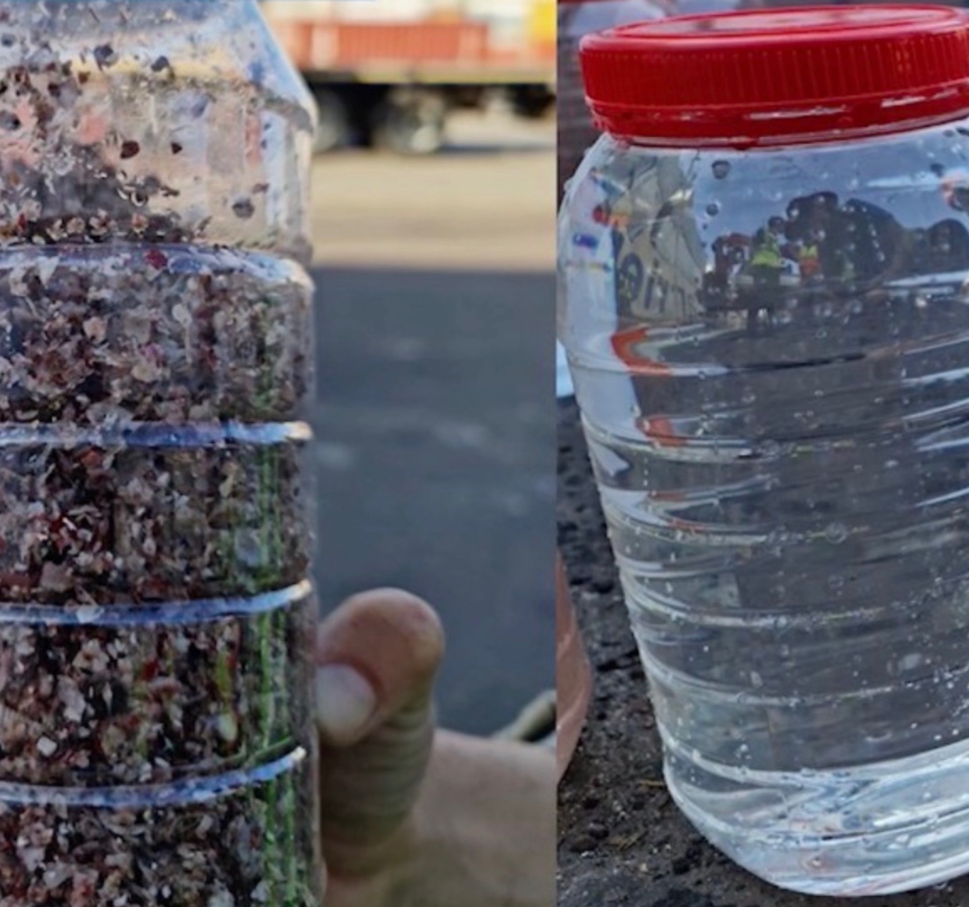 Side-by-side comparison of captured biofouling solids and the filtered clear liquid
