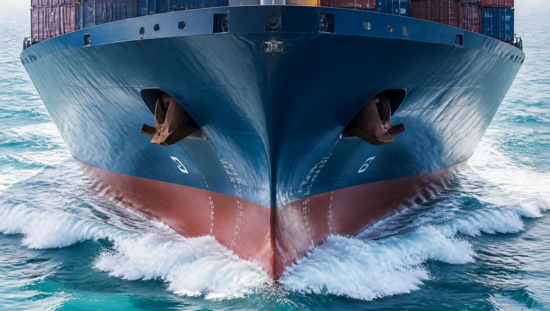 Close-up of a large cargo ship bow cutting through turquoise ocean water with white wake