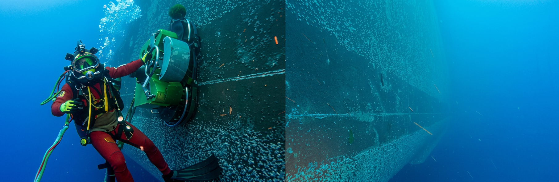 Diver operating Vacu-Cart system underwater on a ship hull