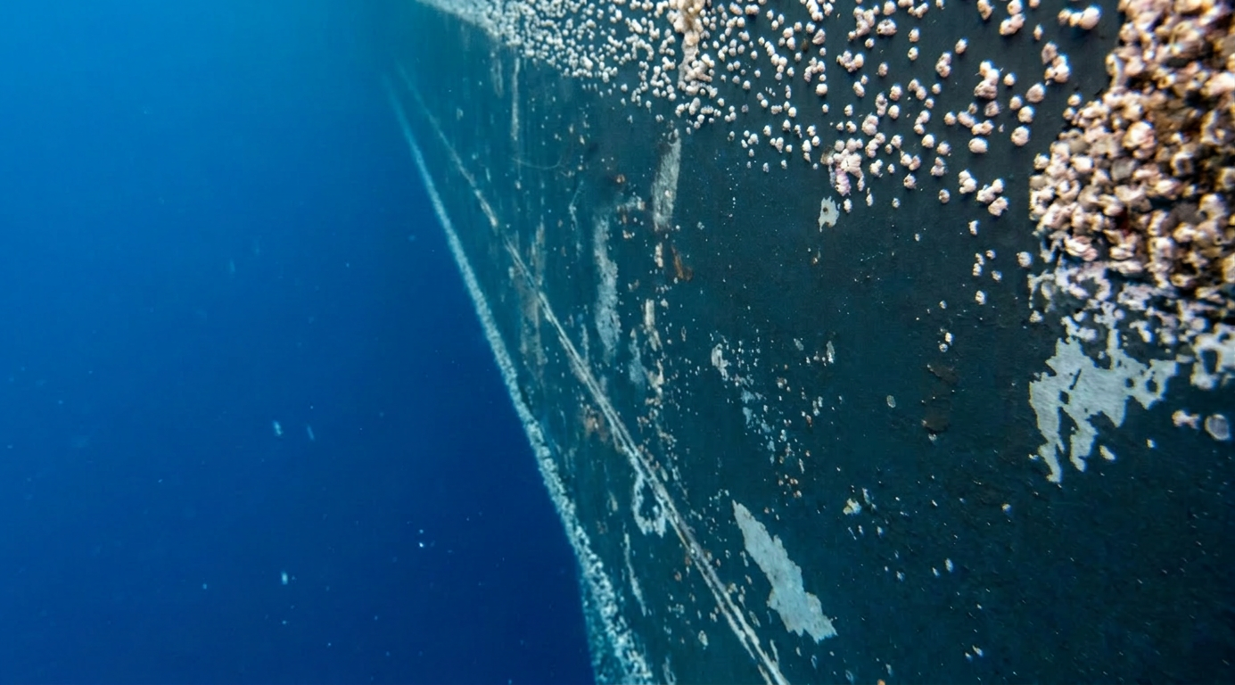Underwater view of ship hull with biofouling