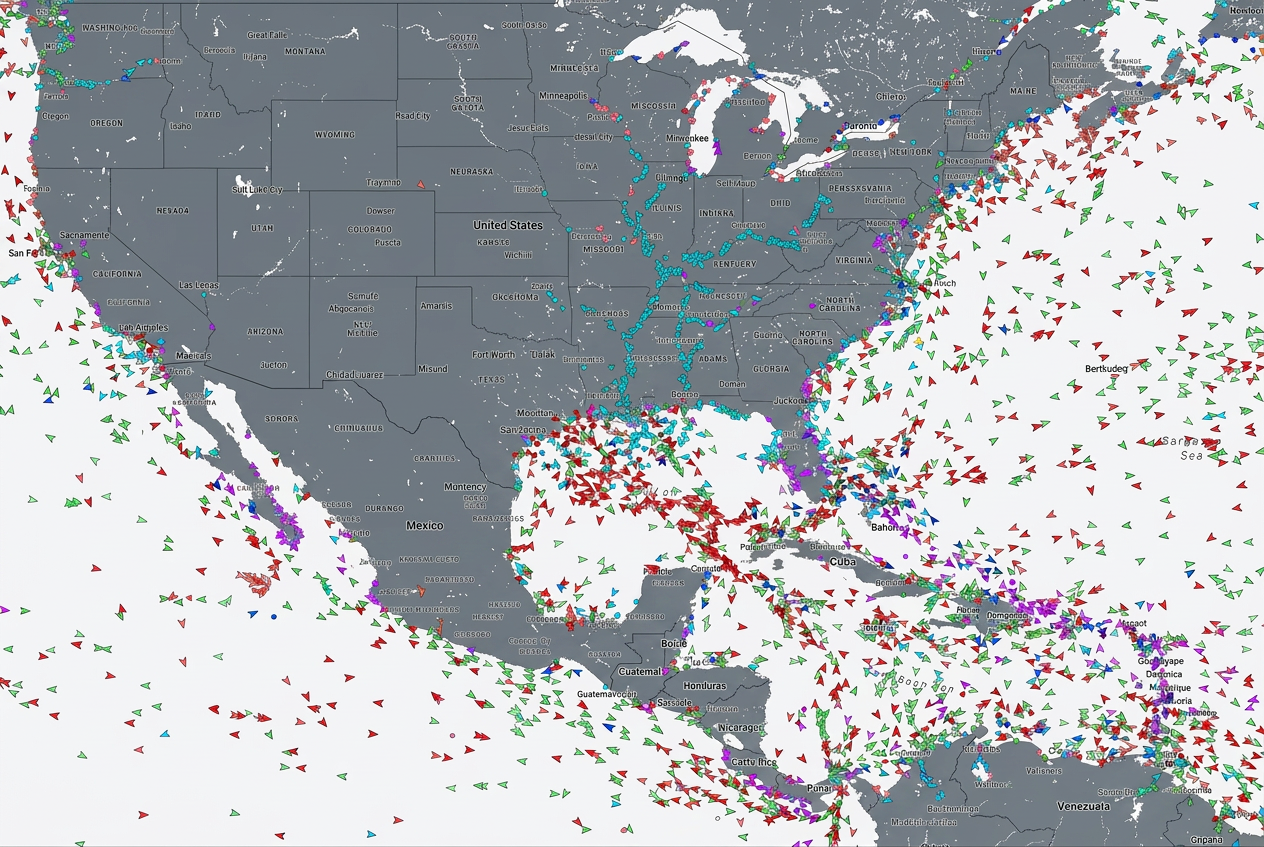 Map showing commercial vessel traffic across North America