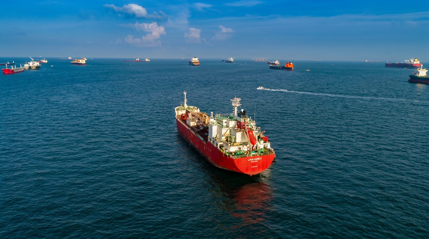 Fleet of tanker vessels at anchor